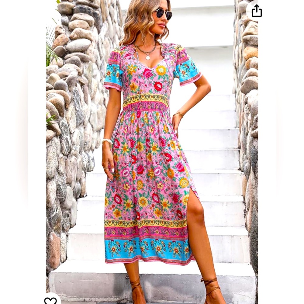 NWT Beachsissi Women's Flower Dress Bohemia Knot Front Split Side Maxi Dress